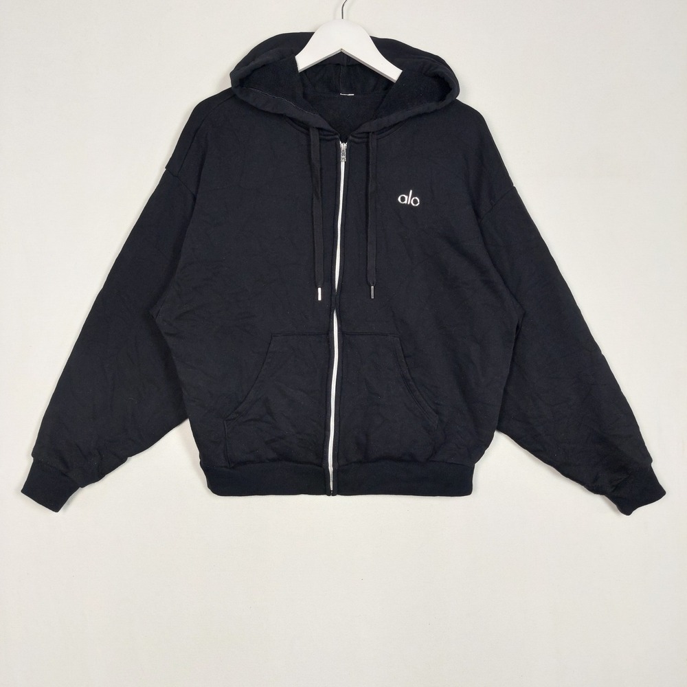 Alo Yoga Black Fleece Zip Up Hoodie Metallic Logo Sweatshirt Jacket